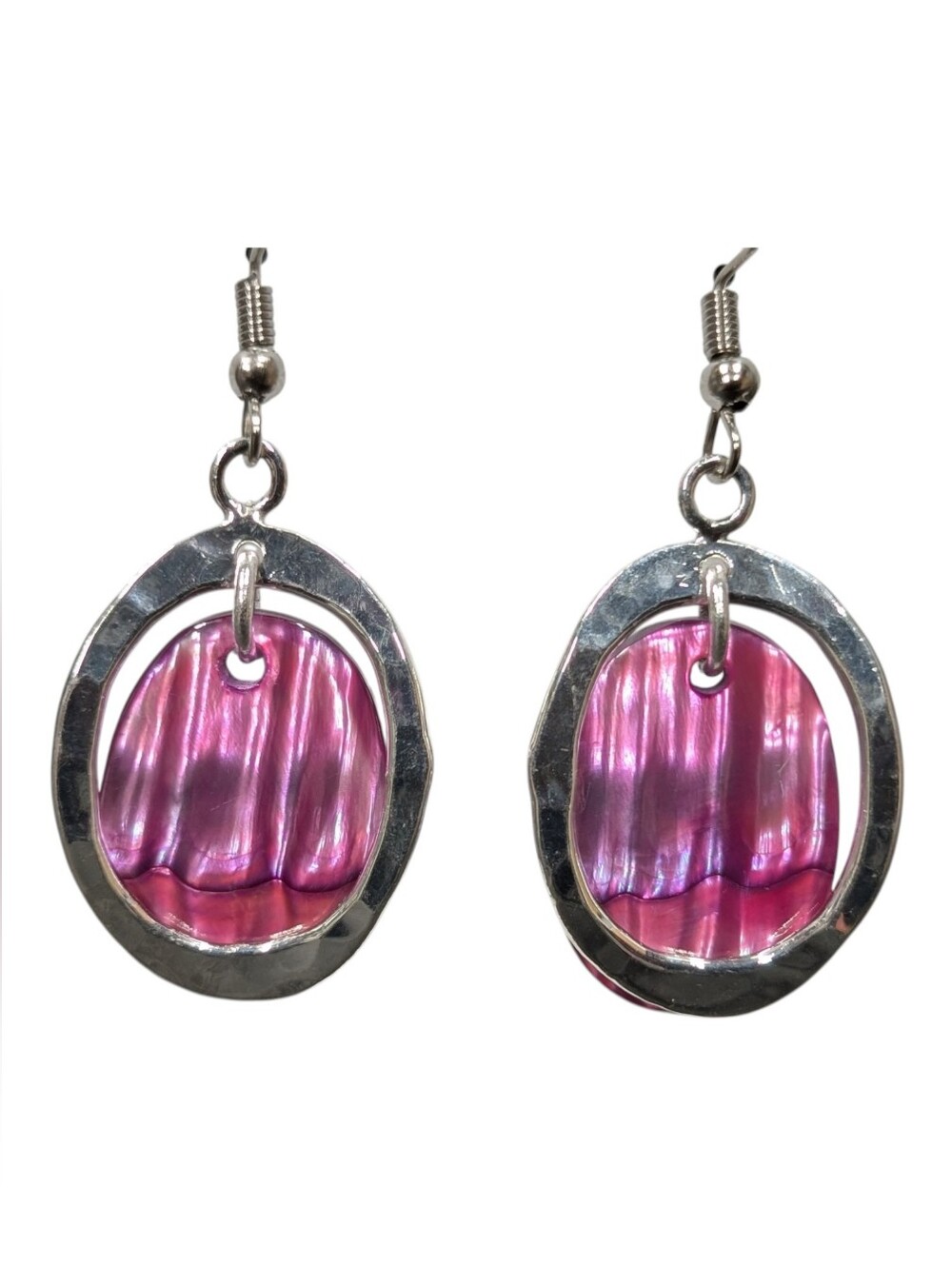 Iridescent Pink Shell Alpaca Metal Framed Oval Drop Earrings Handmade NWT